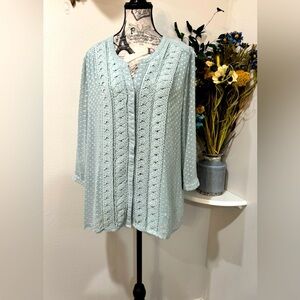 Krazy Kat Mint Green Embroidered Lace Button down Blouse sheer Sleeves size XL